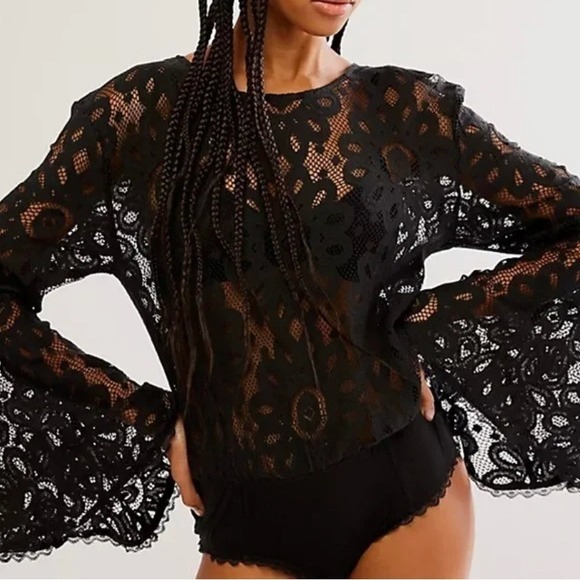 Free People Tops - Free People Better With Time Black Lace Bell Sleeve Bodysuit Top Medium